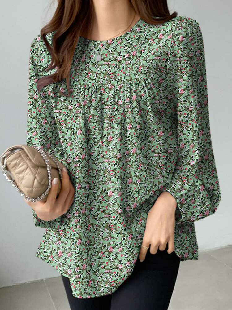 Women Allover Ditsy Floral Print Crew Neck Long Sleeve Blouse