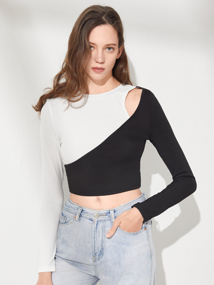 Contrast Color Stitch Hollow Long Sleeve Crew Neck Crop Top