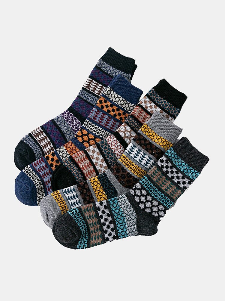 5 Pairs Men Rabbit Fur Wool Blend Geometric Dot Striped Jacquard Thicken Breathable Warmth Socks