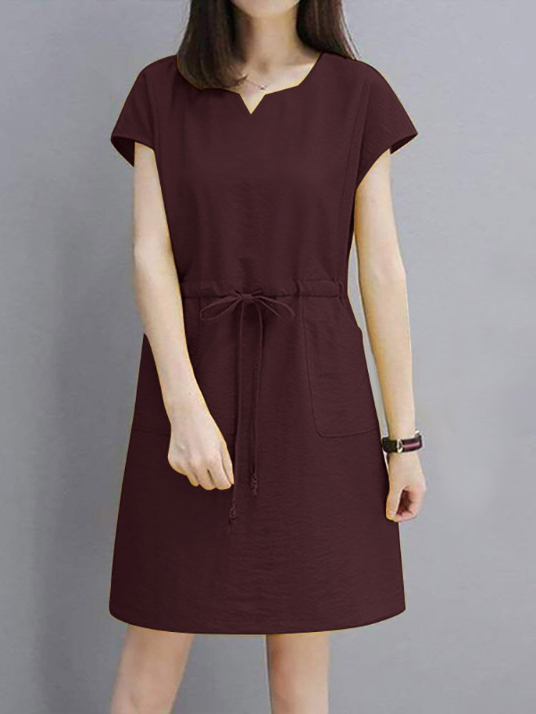 Einfarbig Taillentasche mit Kordelzug Kurzarm Lässig Kleid