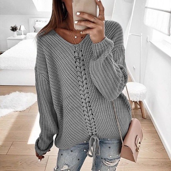 Women Loose Tie Rope Stitching Sweater