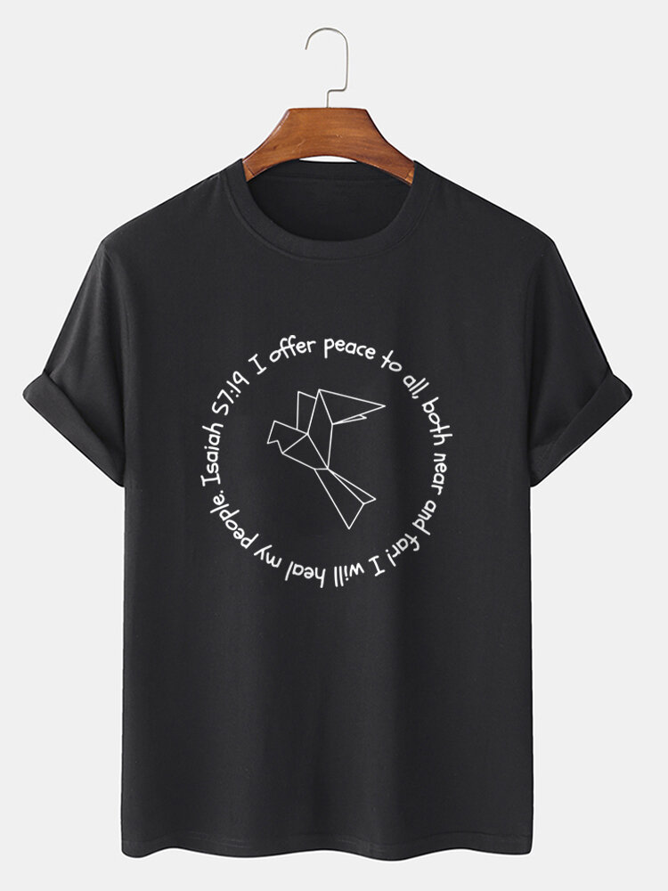 

Mens Peace Pigeon Slogan Print Cotton Short Sleeve T-Shirts, Black;gray;khaki;white;blue;dark gray