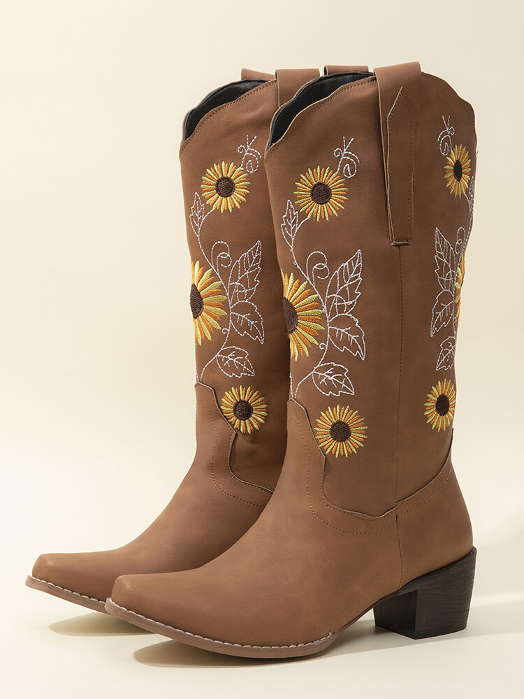 

Women Casual Sunflowers Electric Embroidery Pattern Slip On Mid-Calf Cowboy Boots, Black;coffee;brown;dark brown
