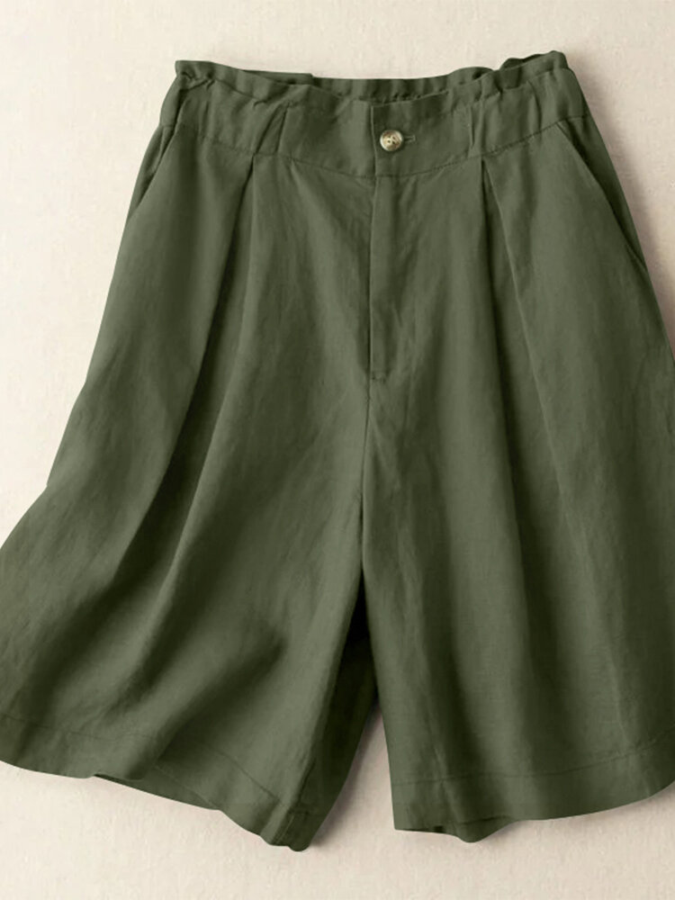 Pantaloncini casual in cotone con elastico in vita increspato con tasche solide