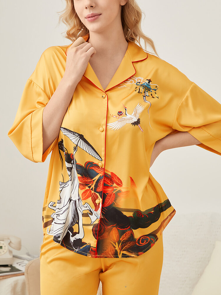 Set pigiama in stile cinese con stampa di figure in finta seta da donna