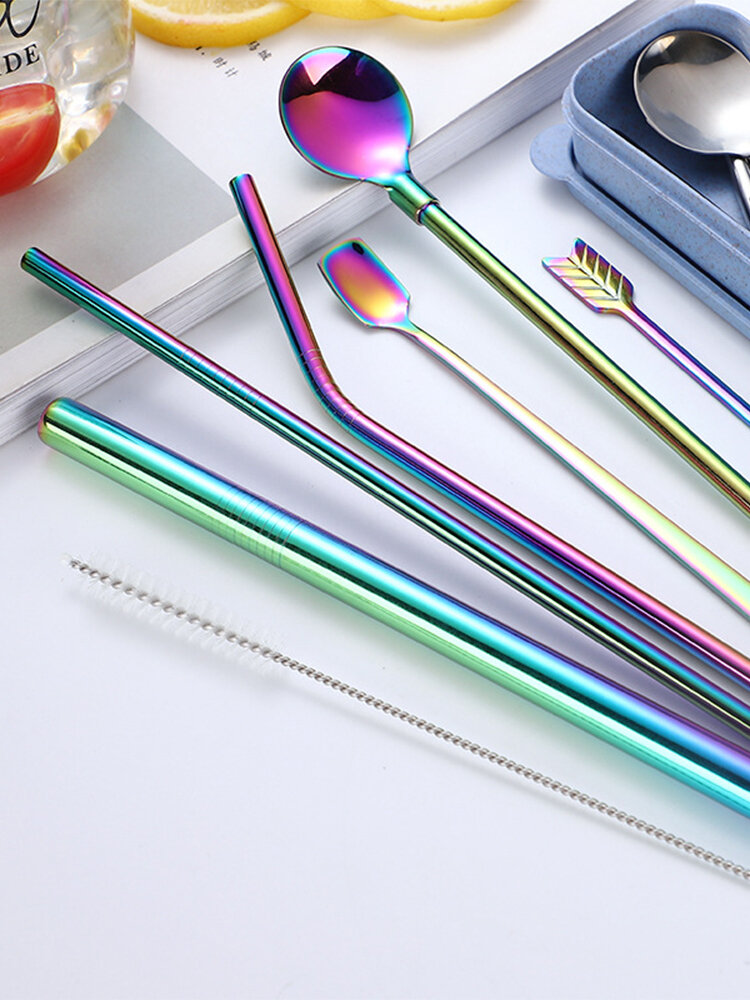 8Pcs Set 304 Stainless Steel Straw Portable Tableware Colorful Straw Mixing Spoon Set 