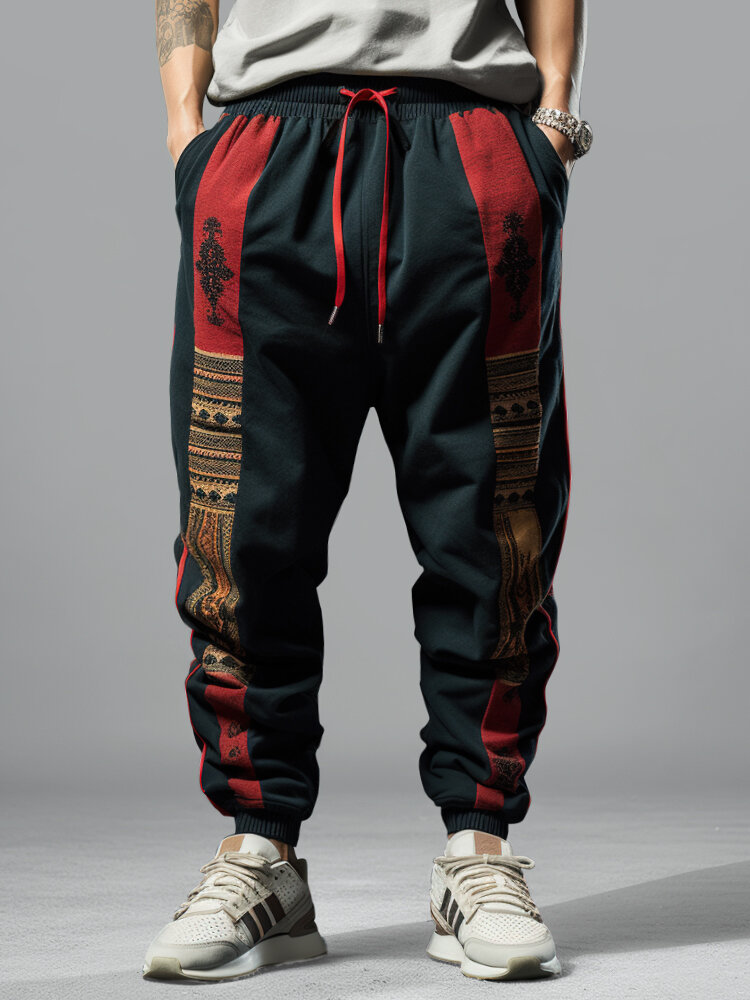 Pantalon ample à taille avec cordon de serrage pour hommes, imprimé totem ethnique, patchwork