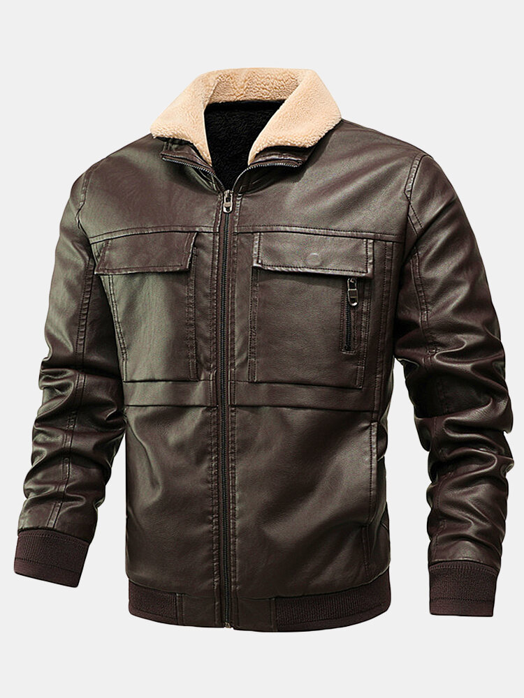 Mens PU Leather Thicken Zip Front Lapel Collar Jackets With Flap Pockets