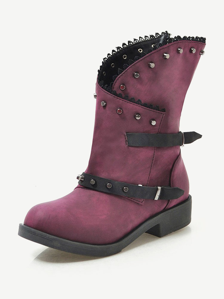 

Plus Size Women Rivet Solid Buckle Slip On Mid Calf Boots, Black;purple;wine red