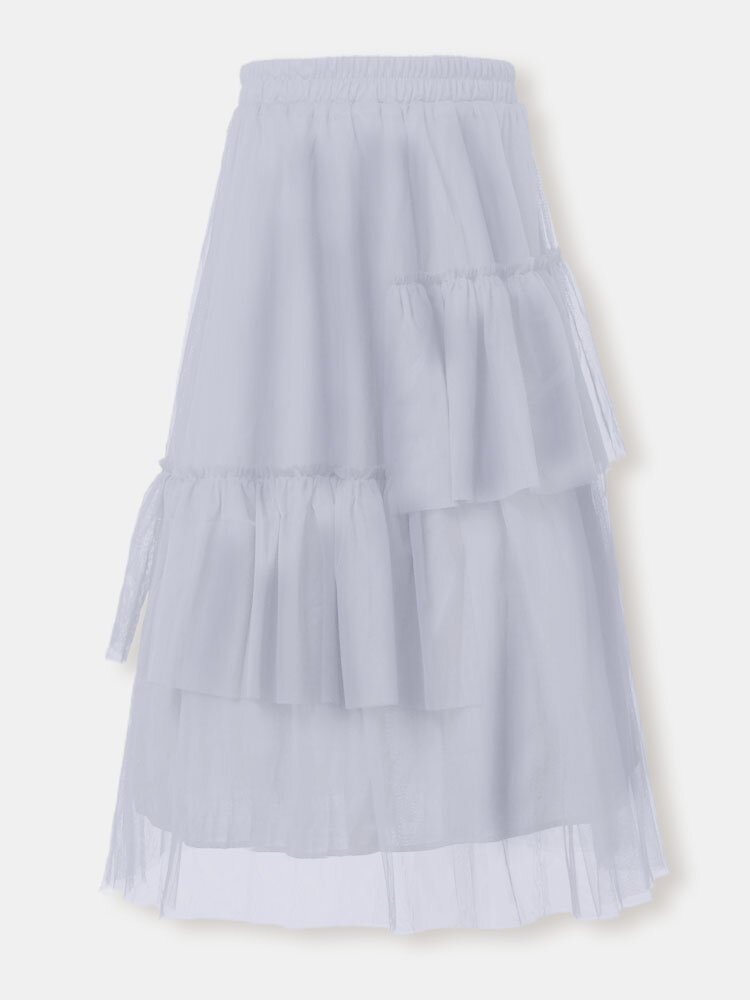 

Solid Color Pleated Mesh Overlay Asymmetrical Patchwork A-Line Tulle Skirt, Black;apricot;white