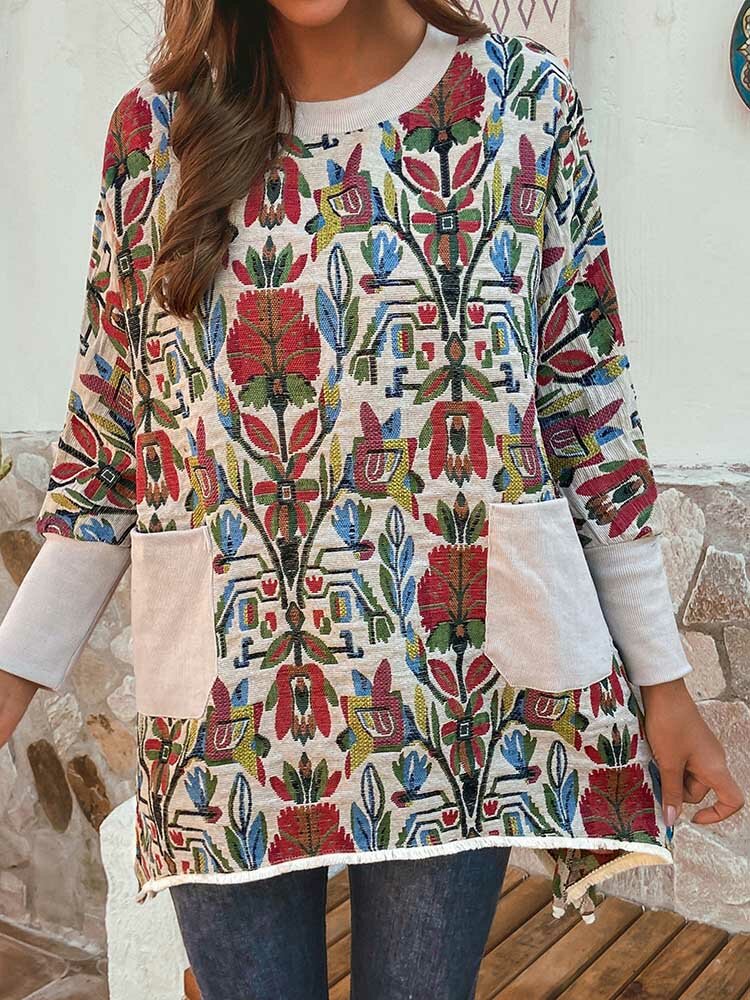 Ethnic Print Patchwork Vintage Long Sleeve Blouse For Women