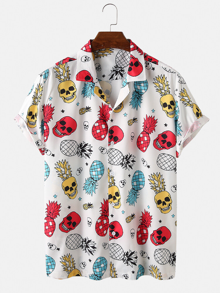Mens Funny Skull & Fruit Print Breathable Casual Short Sleeve Shirts