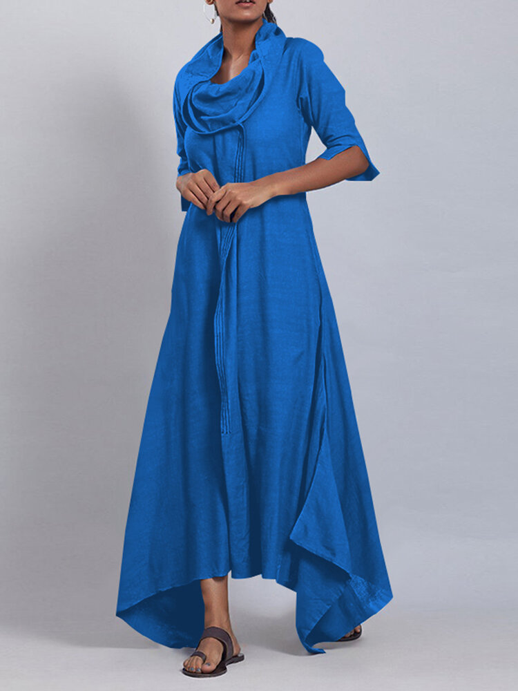 Casual Solid Color Turtleneck Irregular Cotton Dress