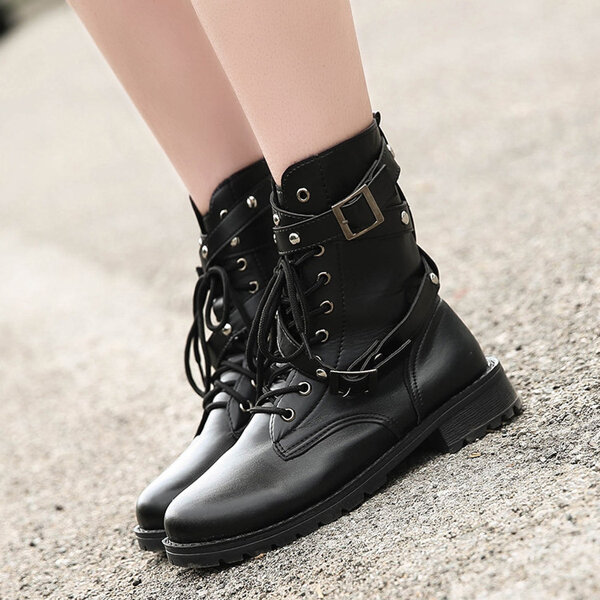 Black Soft Round Toe Lace Up Trending Rivet Buckle Boots