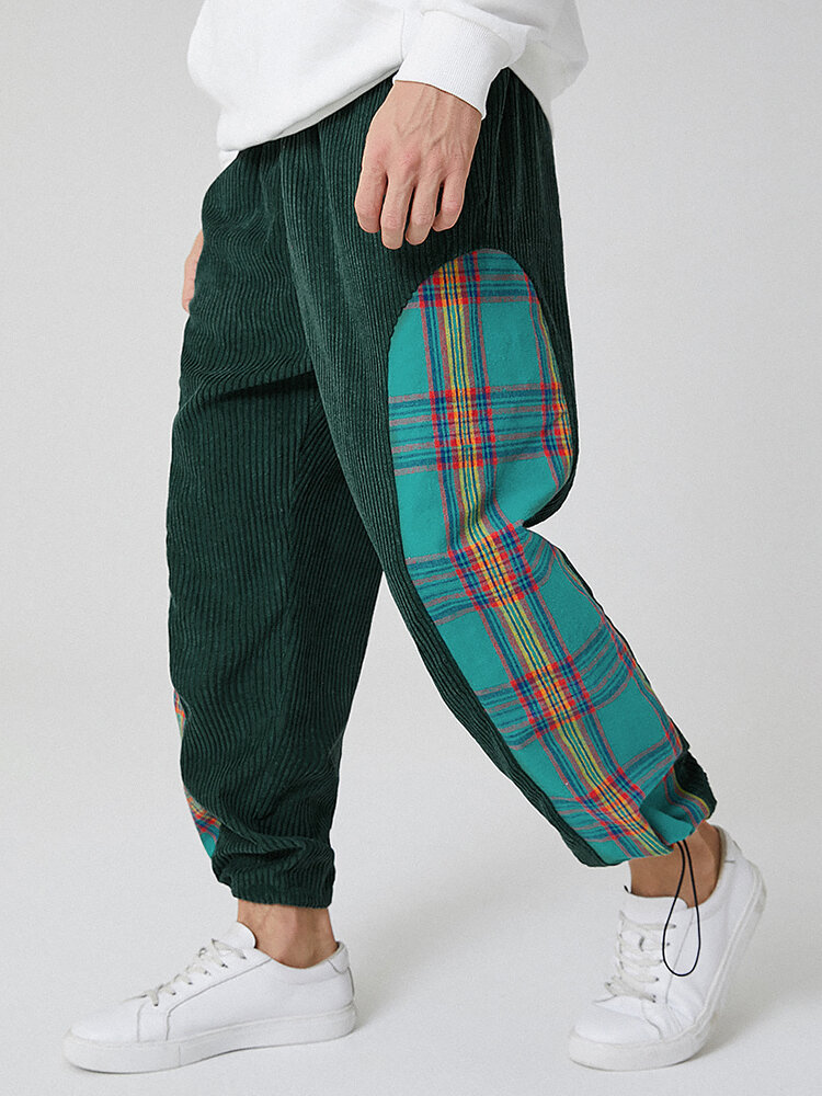 New Fashion Plaid Pattern Patchwork Corduroy Woven Drawstring Cargo Pants