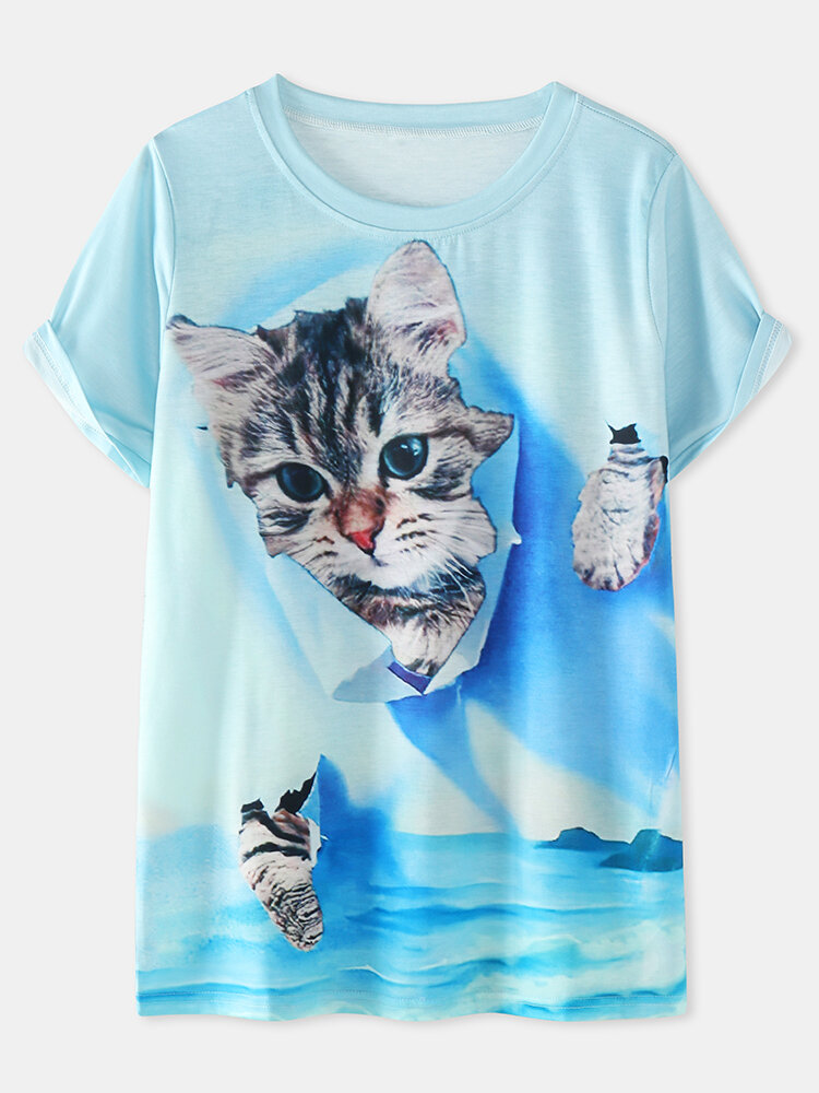 Fashionable Short Sleeve O-neck Cartoon Cat Print Women T-shirt Online -  NewChic