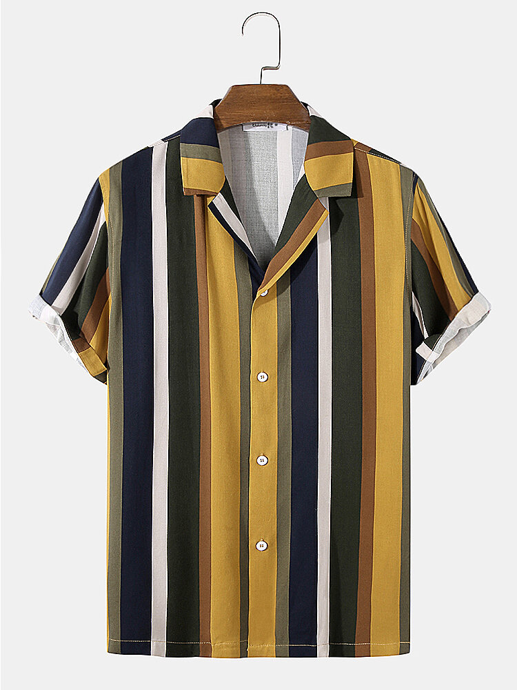 

Mens Vertical Stripes Printing Revere Collar Short Sleeve Shirt, Green