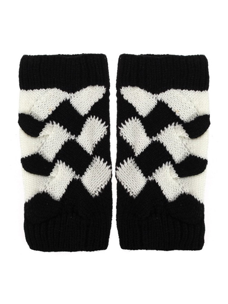 Crochet Knitted Fingerless Gloves Mixed Color Check Hand Wrist Warmer Mittens 