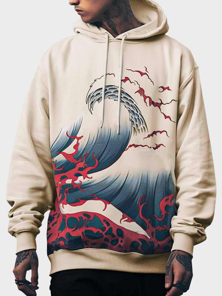 Mens Japanese Wave Print Long Sleeve Loose Drawstring Hoodies