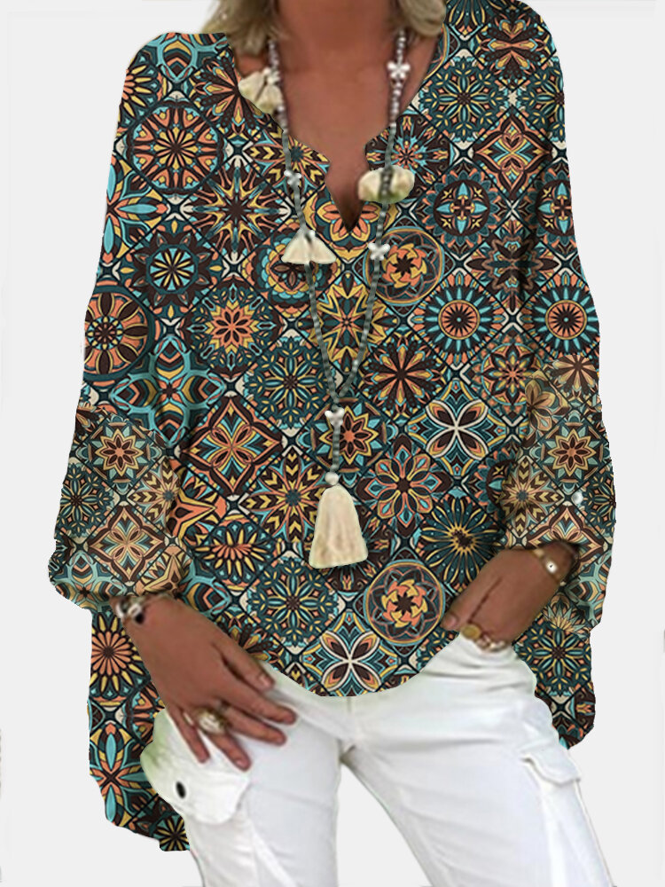 Blusa feminina casual manga longa com estampa geométrica e decote em V