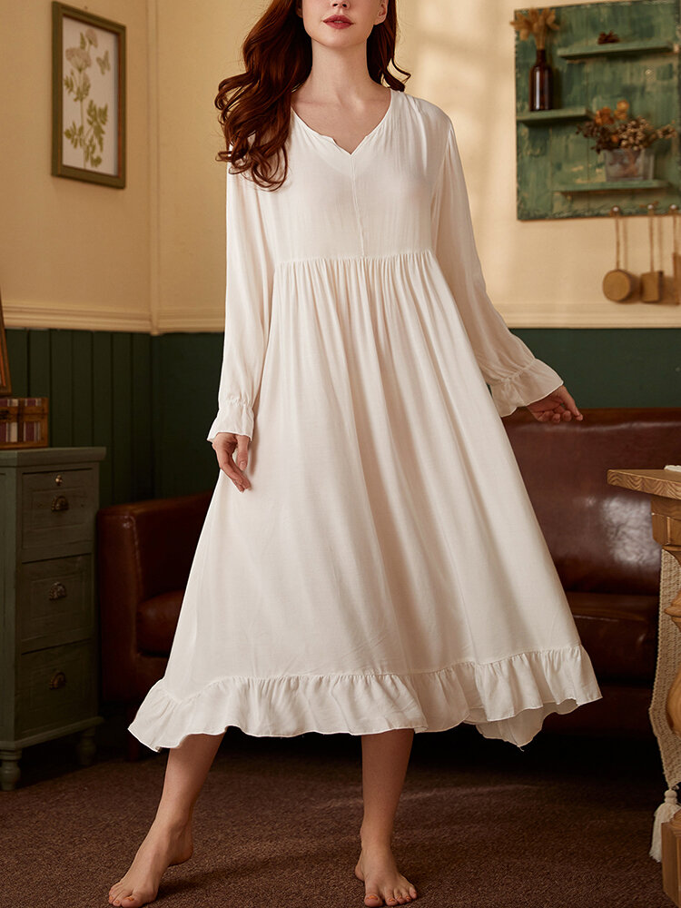 

Women Cotton Pure Color V-Neck Ruffle Swing Long Sleeve Home Midi Nightdress, White