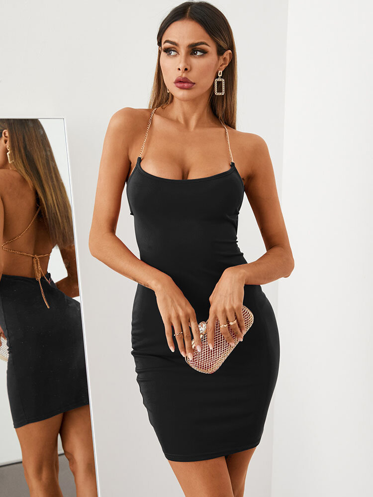 Solid Chain Backless Sleeveless Bodycon Mini Sexy Dress