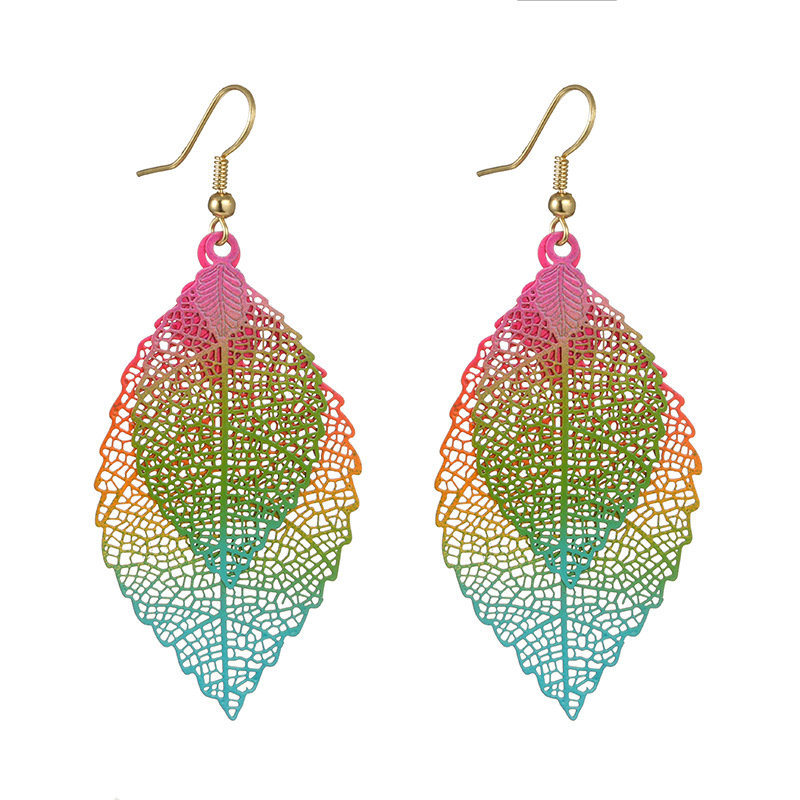 Ethnic Statement Colorful Double Layer Leaf Drop Earrings Boho Piercing Dangle Earrings For Women