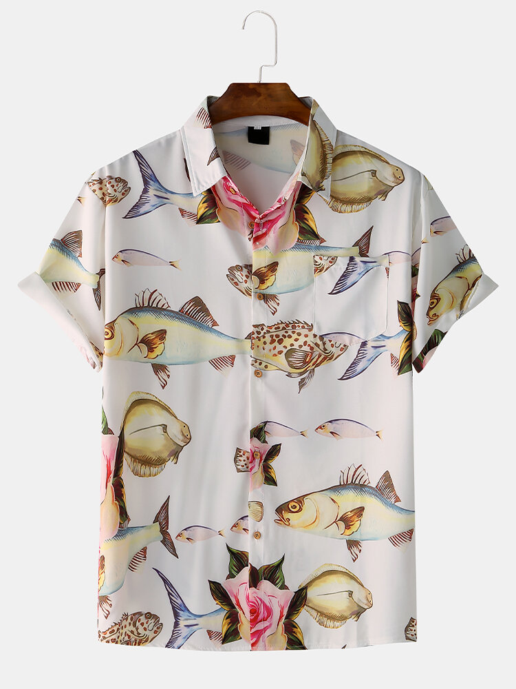 Mens Funny Marine Animal Fish Printed Floral Short Sleeve Shirt