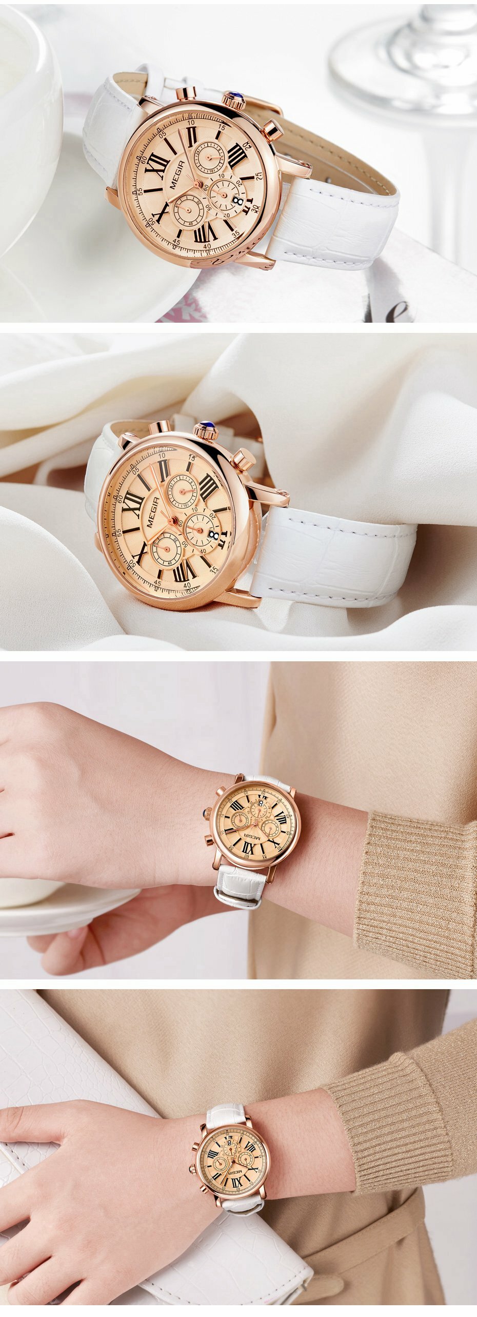 Elegant Ladies Luxury Watch Big Roman Number Date Red White Leather Strap Quartz Watches for Women