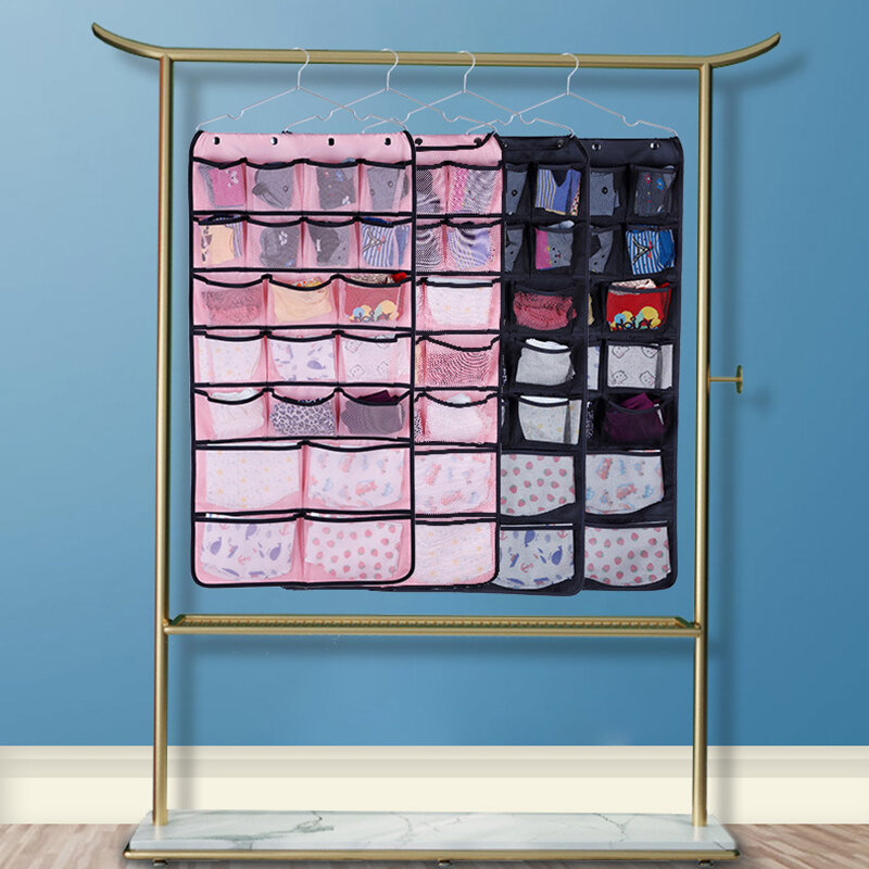 

Non-woven Cloth Mesh Yarn 42 Grid Storage Bag Household Items Finishing Underwear Storage Hanging Bag, Black;pink