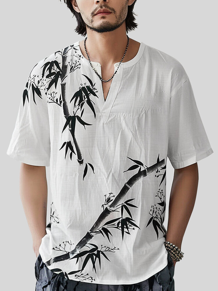 

Mens Chinese Ink Bamboo Print Notched Neck Short Sleeve T-Shirts, White
