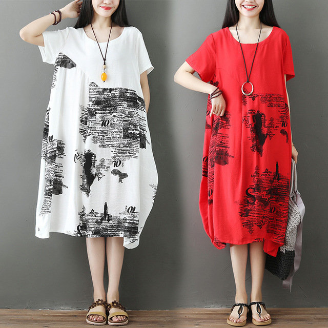 Cotton Linen National Style Printed Literary Retro Dress