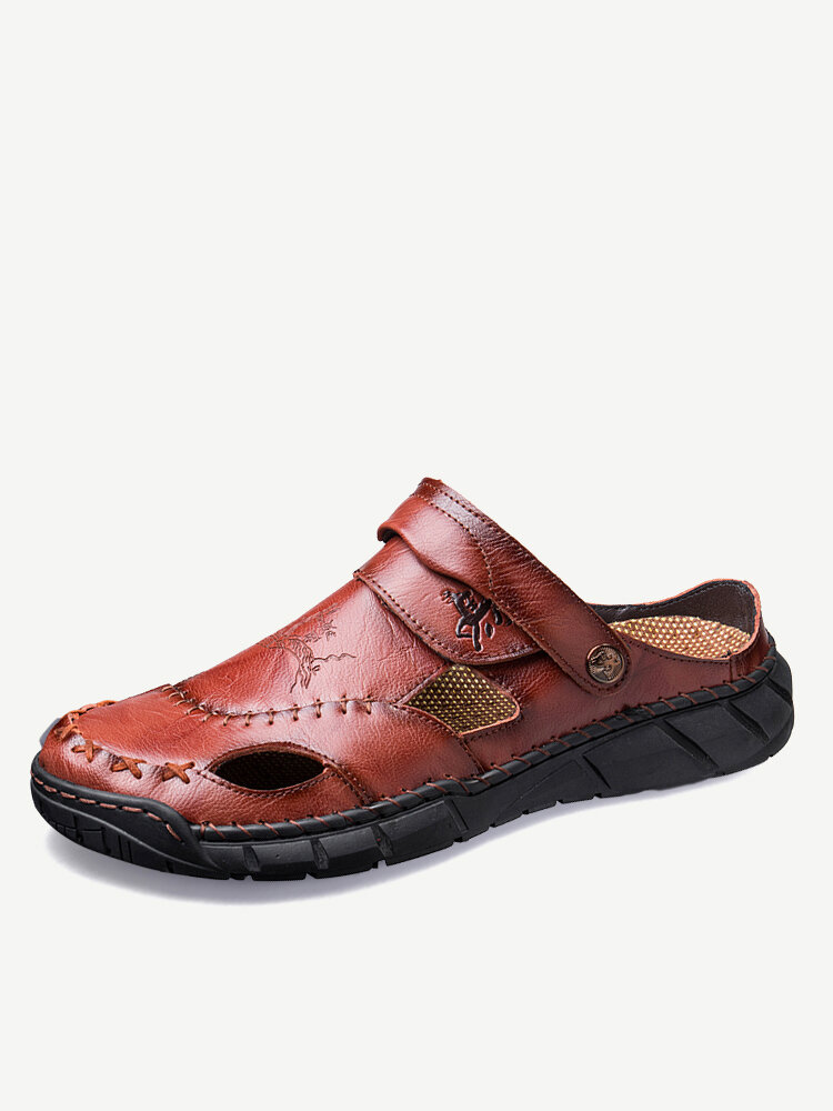 

Men Cow Leather Hand Stitching Non Slip Soft Sole Casual Sandals, Black;yellow brown;red brown