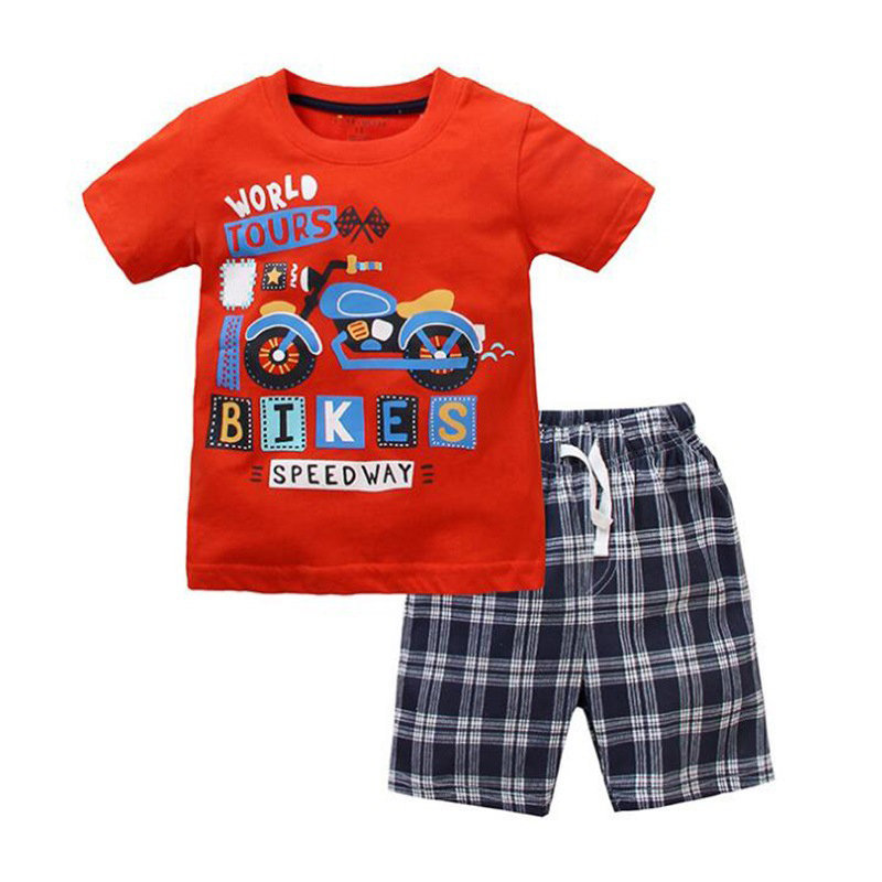 

2PCS Printed Kids Boys Clothes Set Short Sleeve T-shirt +Grid Shorts For 2Y-9Y, Red