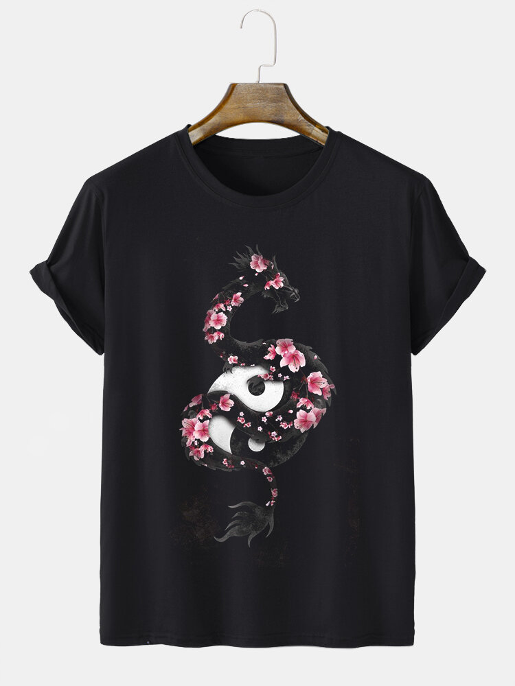 Mens Chinese Floral Dragon Yin Yang Print Short Sleeve T-Shirts Winter