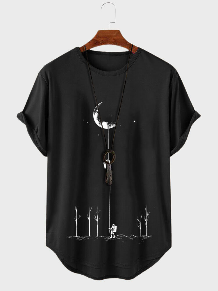 T-shirt da uomo a maniche corte con orlo curvo e stampa luna astronauta
