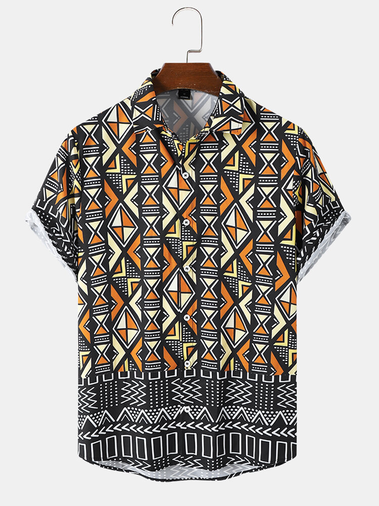 Mens Geometric Print Patchwork Ethnic Style Short Sleeve Shirts