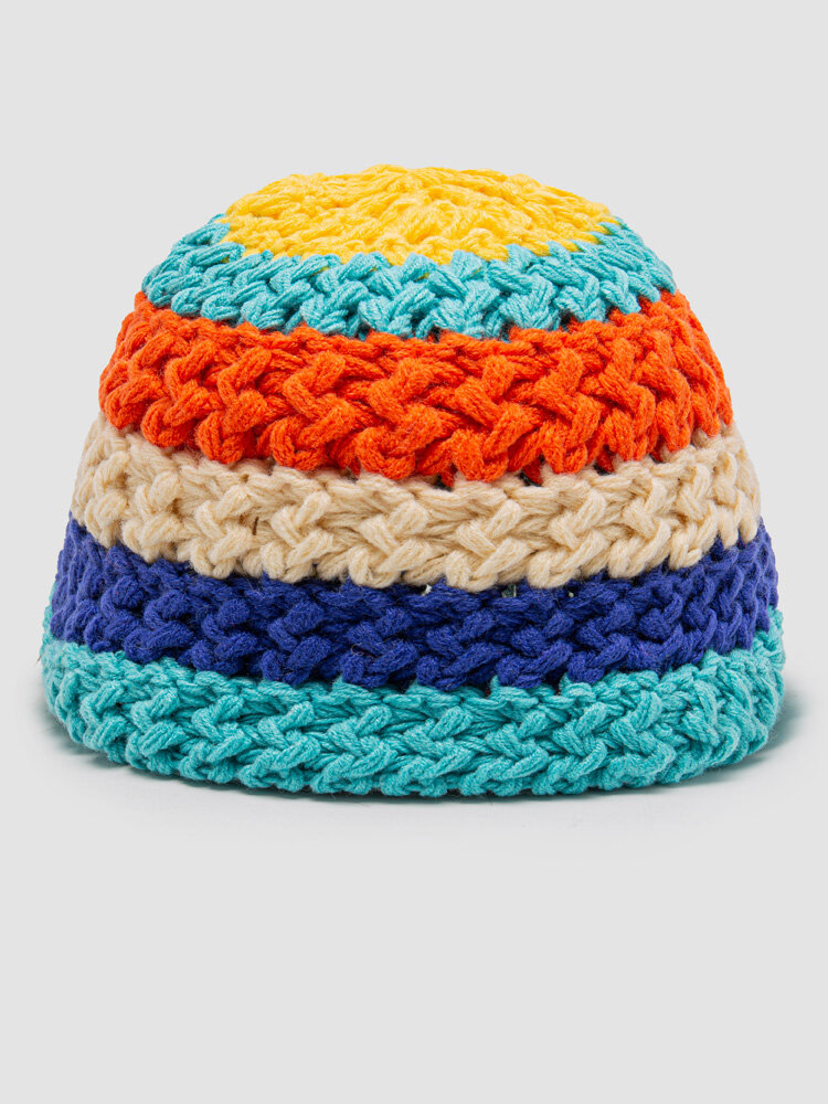 Unisex Handmade Thick Thread Knitted Color Contrast Wide Stripes All-match Warmth Bucket Hat