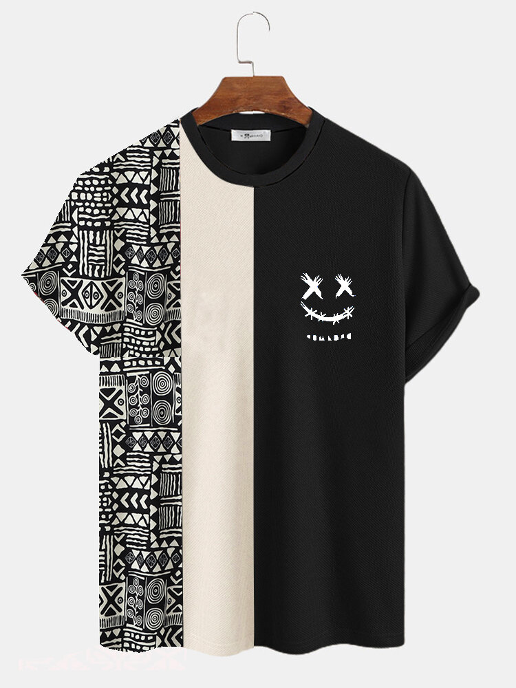 Herren-T-Shirts mit geometrischem lustigem Gesichtsaufdruck, Patchwork-Strick, kurzärmelig