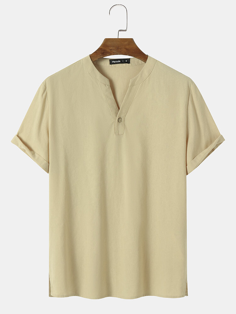 Mens Solid Color V-Neck Side Split Cotton Short Sleeve Henley Shirts