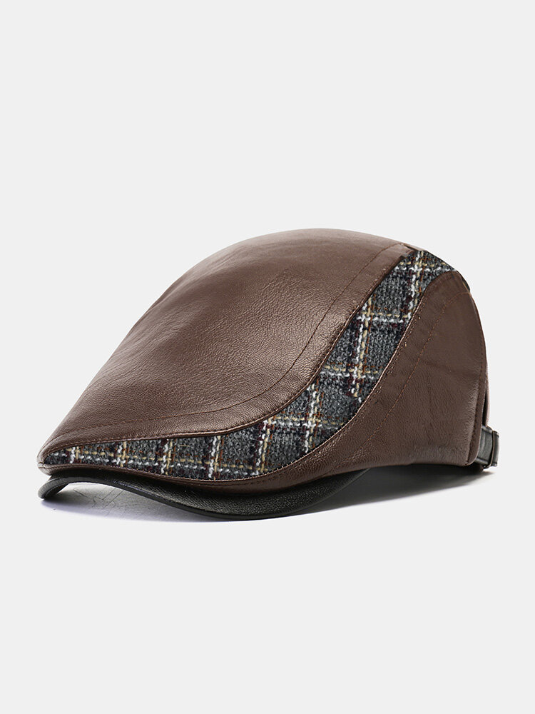 Collrown Men PU Lattice Pattern Knitted Patchwork Side Adjustable Warmth Casual Beret Flat Cap