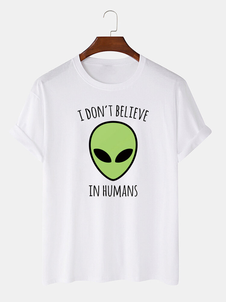 Men 100% Cotton Fun Alien Printed Casual T-Shirt