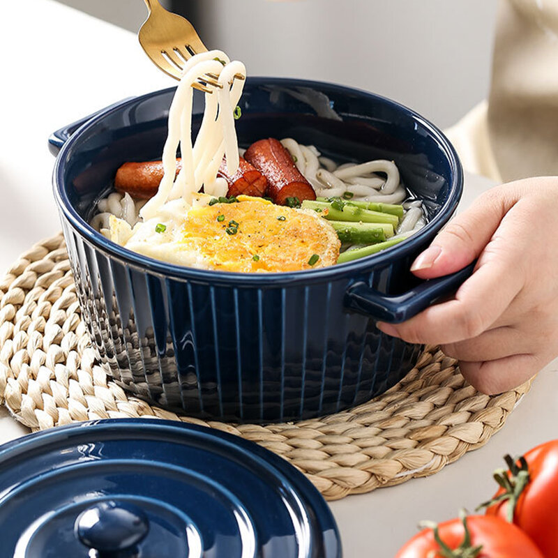 

Ceramic Double Ear Bowl Salad Bowl Anti-scalding Instant Noodle Bowl Household, Red;blue;white;gray;pink