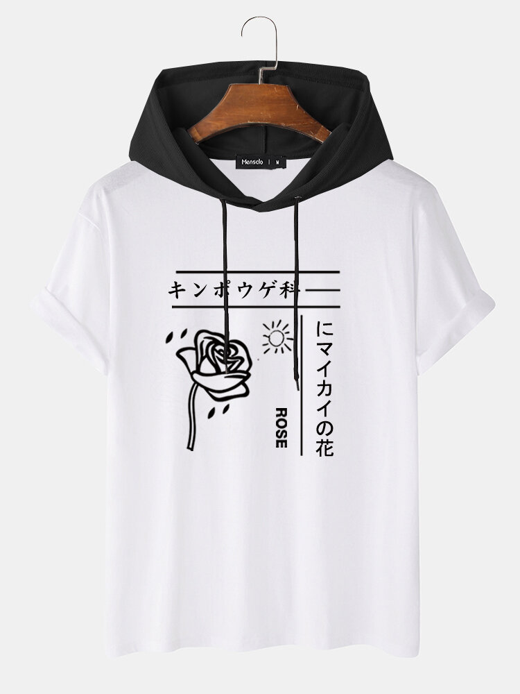 Mens Japanese Rose Print Short Sleeve Drawstring Hooded T-Shirts