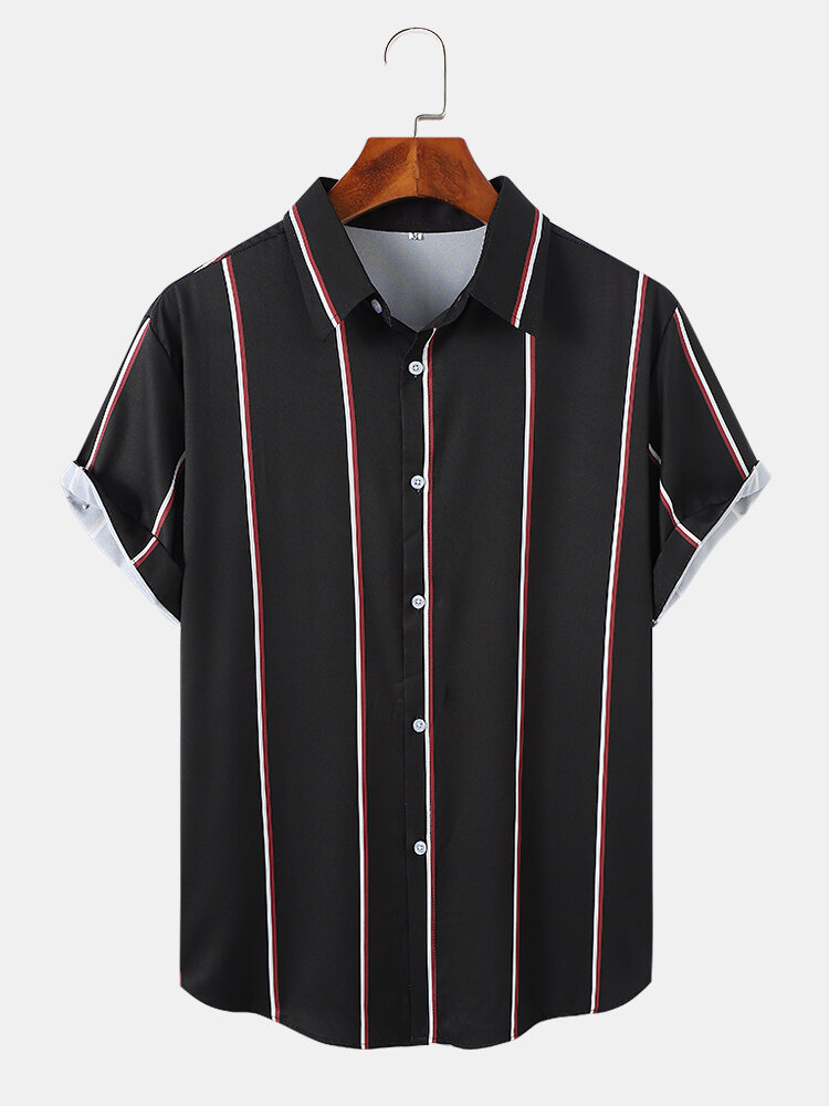 

Mens Vertical Stripe Button Up Preppy Short Sleeve Shirts, White;black;dark gray;blue