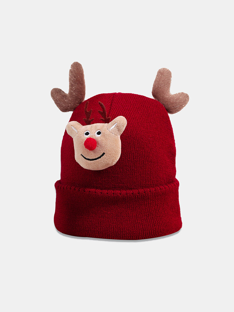 Women Acrylic Knitted Cartoon Elk Antlers Decorated Cute Warmth Brimless Beanie Hat