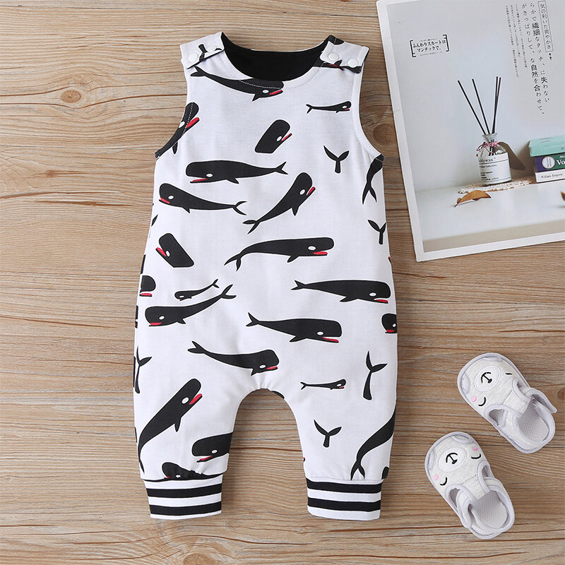 

Baby Cartoon Whale Print Sleeveless Casual Rompers For 6-24M, White