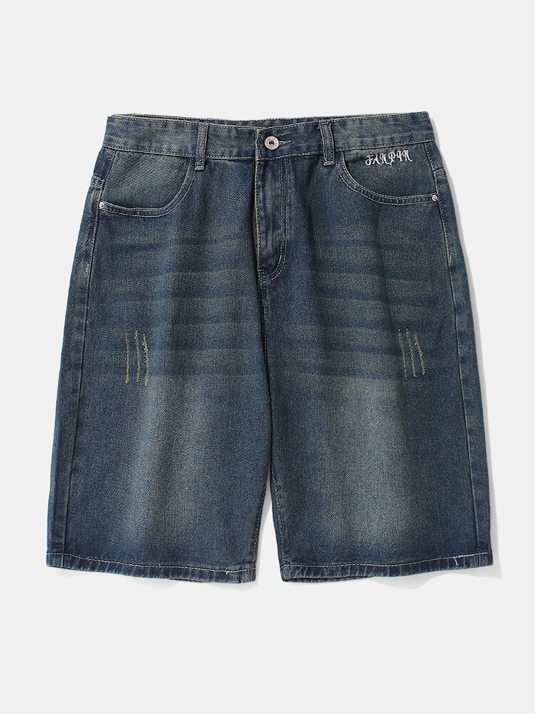 

Mensc Wash Distressed Zipper Fly Pocket Casual Denim Shorts, Blue