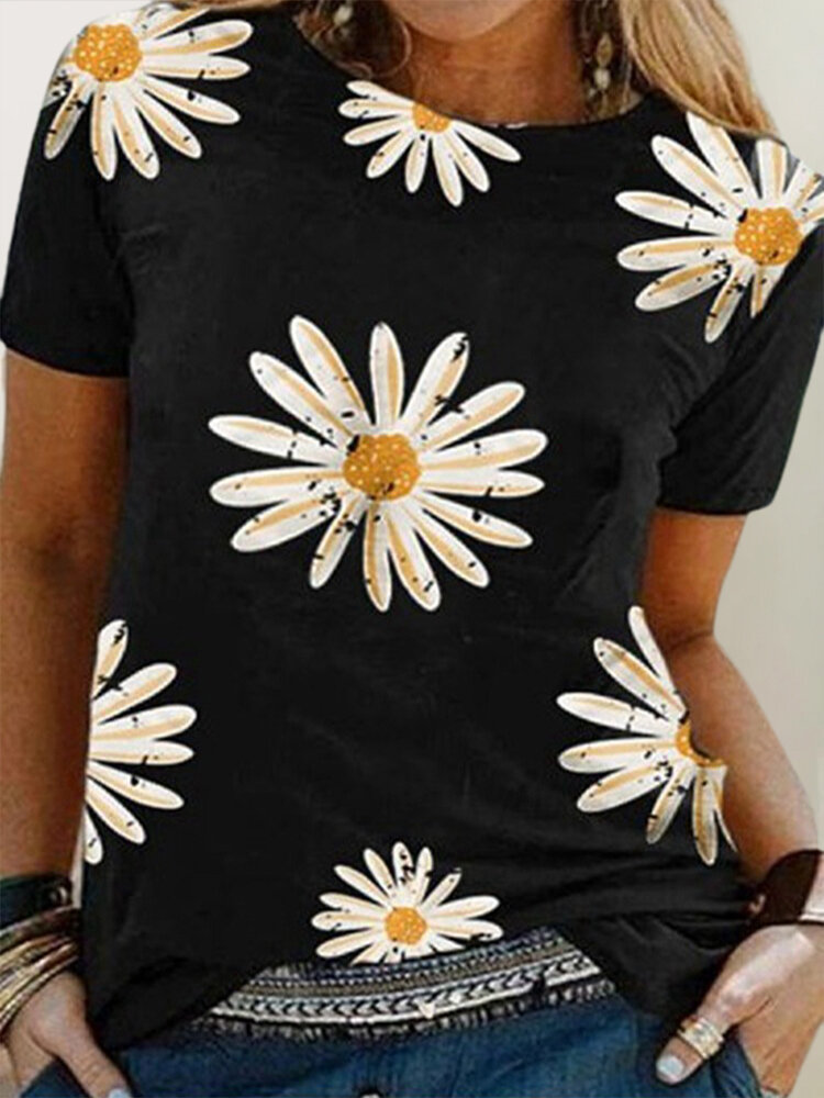 Daisy Print Short Sleeve O-neck Casual Plus Size T-shirt