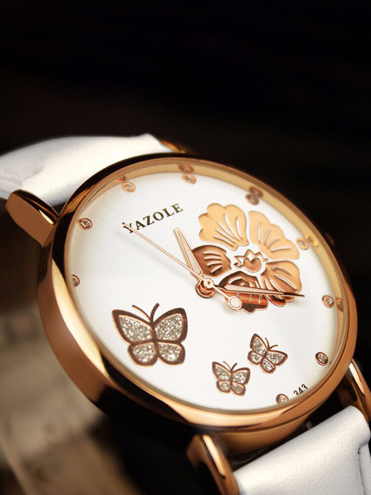 Fashion Butterfly Flower Dial Watch Leather Diamond Women Watch 